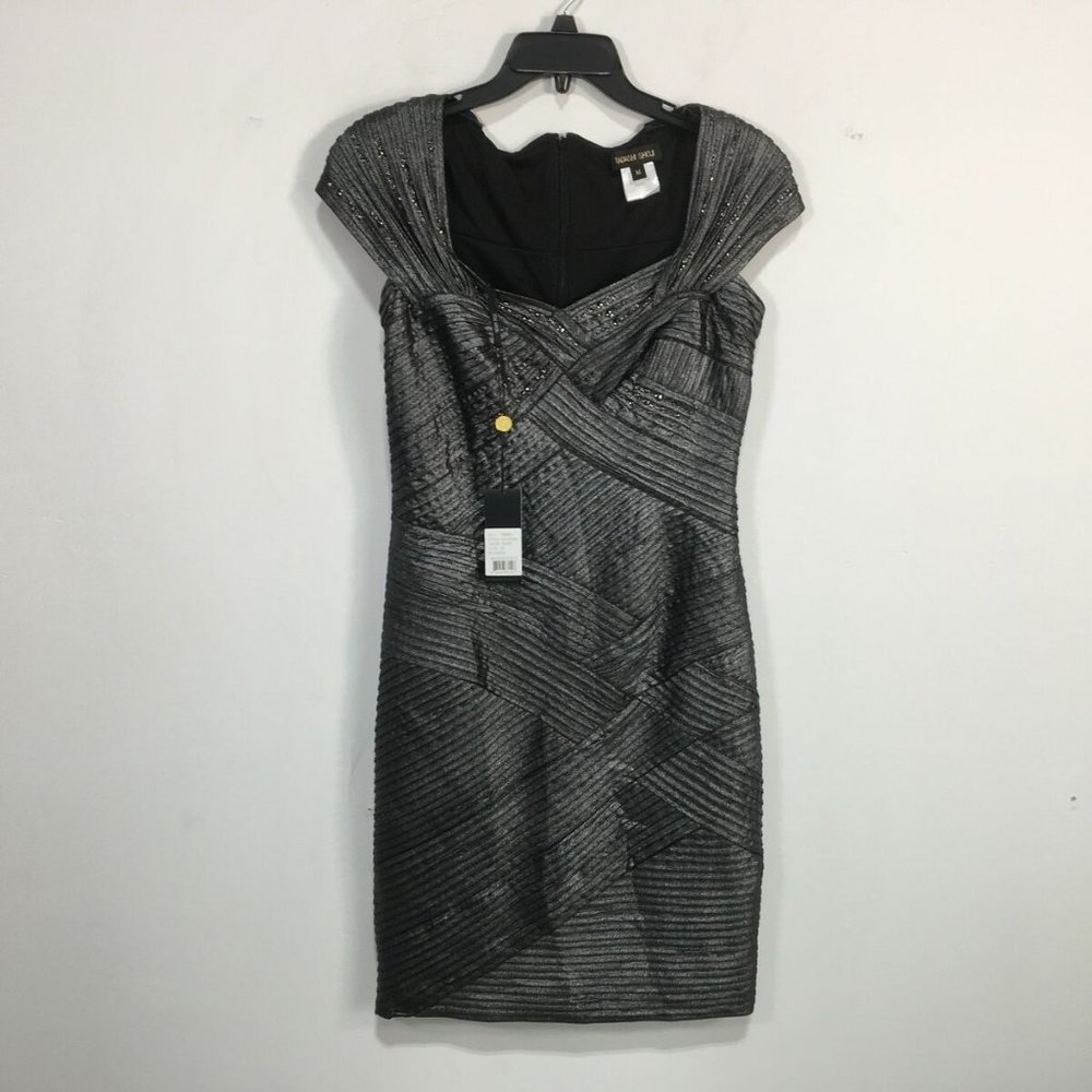 Tadashi Shoji Basket Weave Embellished Bodice Dress, Women's Size M -Shadow Grey - Picture 3 of 12